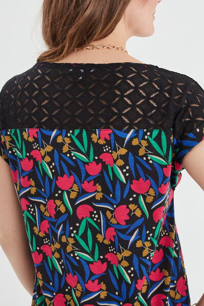 T-shirt dentelle épaules et dos noir femme