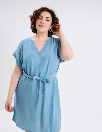 Robe ceinturée manches courtes bleu clair femme grande taille