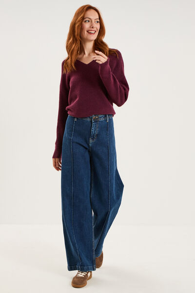 Pull col en V manches longues prune femme