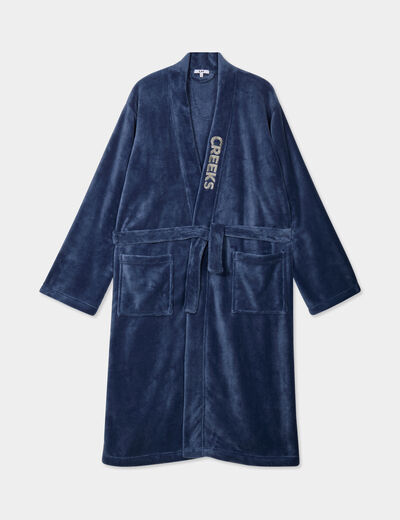 Peignoir effet velours ceintur&eacute; bleu marine homme