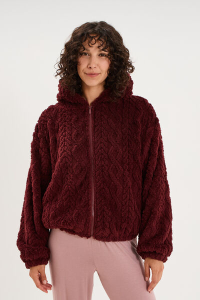 Veste fausse fourrure &agrave; capuche prune femme