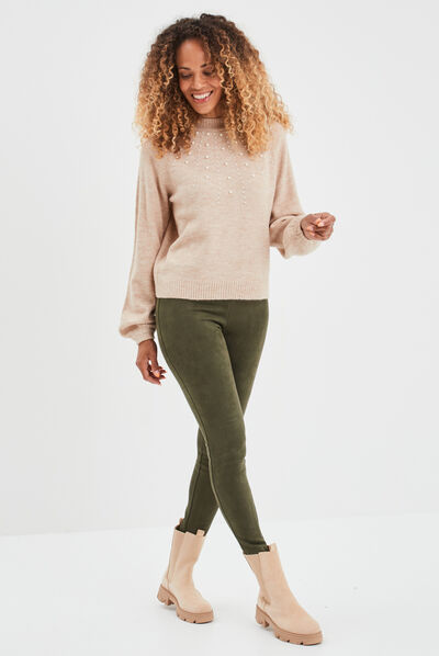 Pantalon suédine slim taille élastiquée vert kaki femme