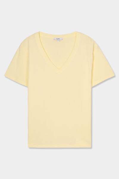 T-shirt manches courtes col en V coton jaune clair femme