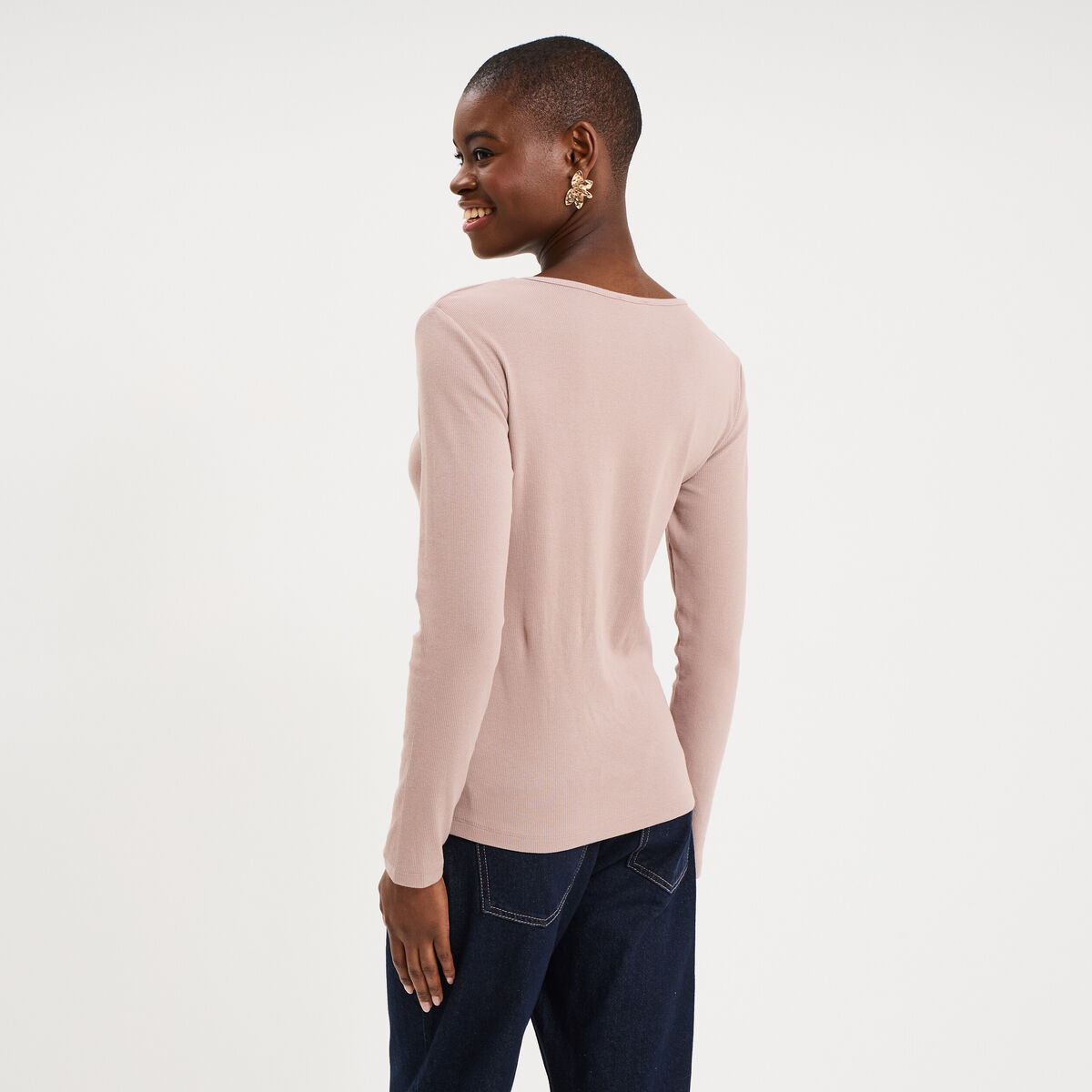 T-shirt coton stretch manches longues marron clair femme