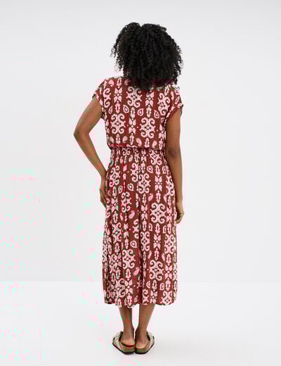 Robe midi crépon col tunisien terracotta femme