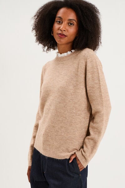 Pull 2 en 1 col rond broderie anglaise beige femme