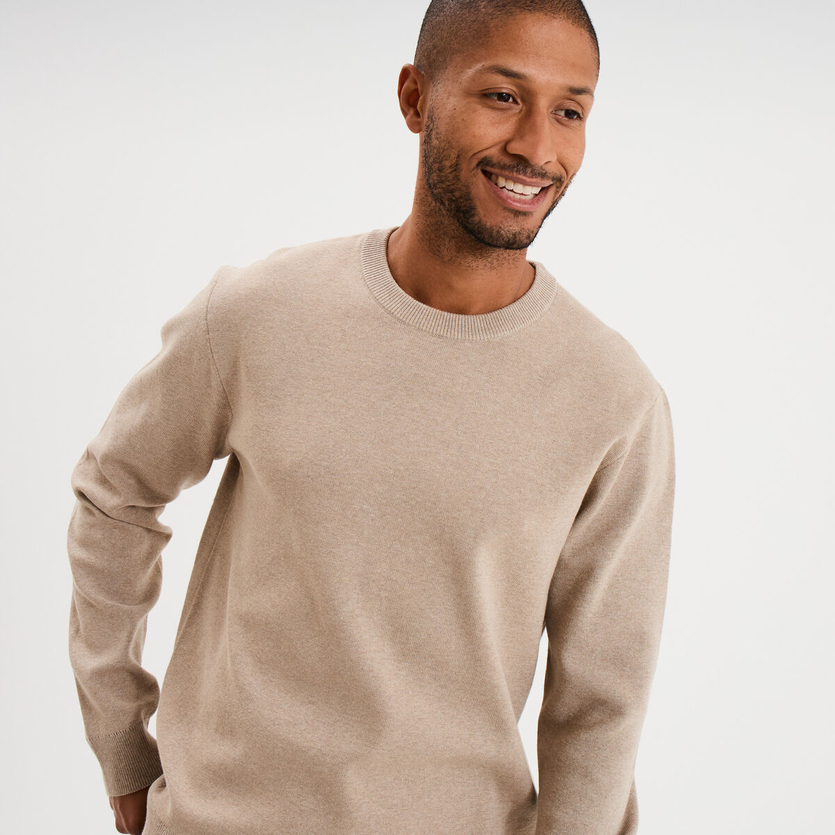 Pull col rond manches longues sable homme