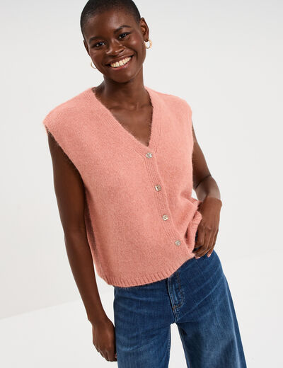 Gilet sans manches col en V rose fushia femme