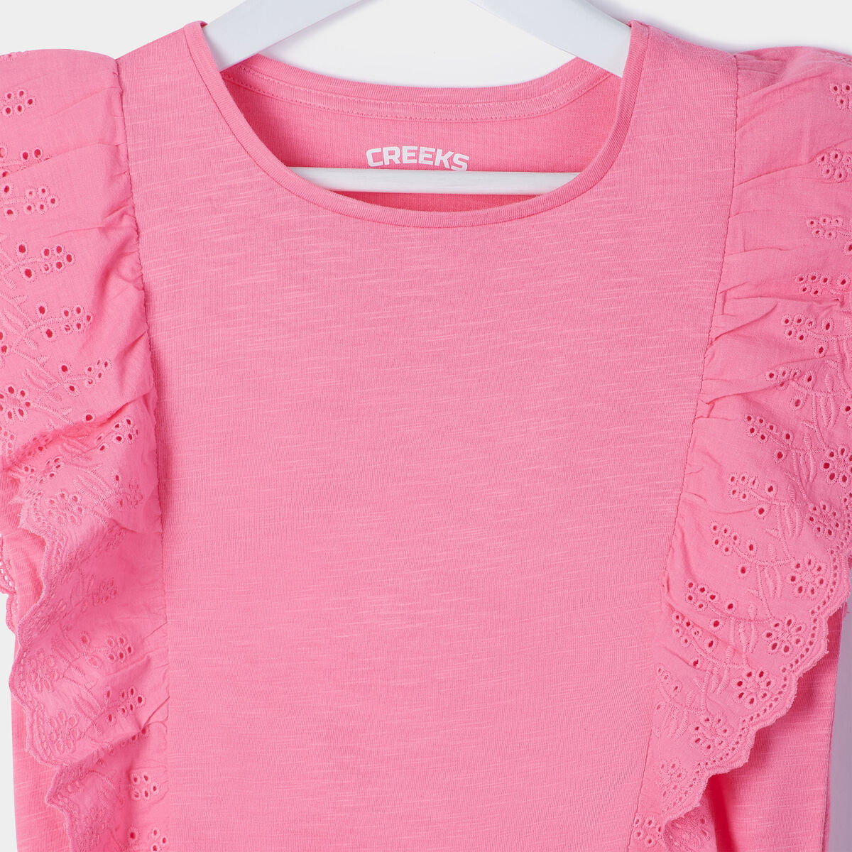 T-shirt avec volants broderie anglaise rose clair fille