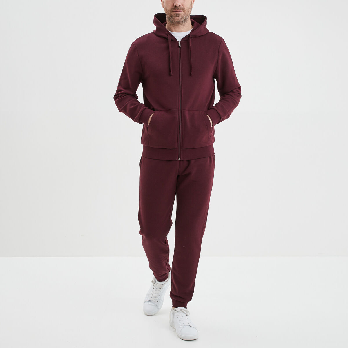 Sweat zippé molleton à capuche prune homme