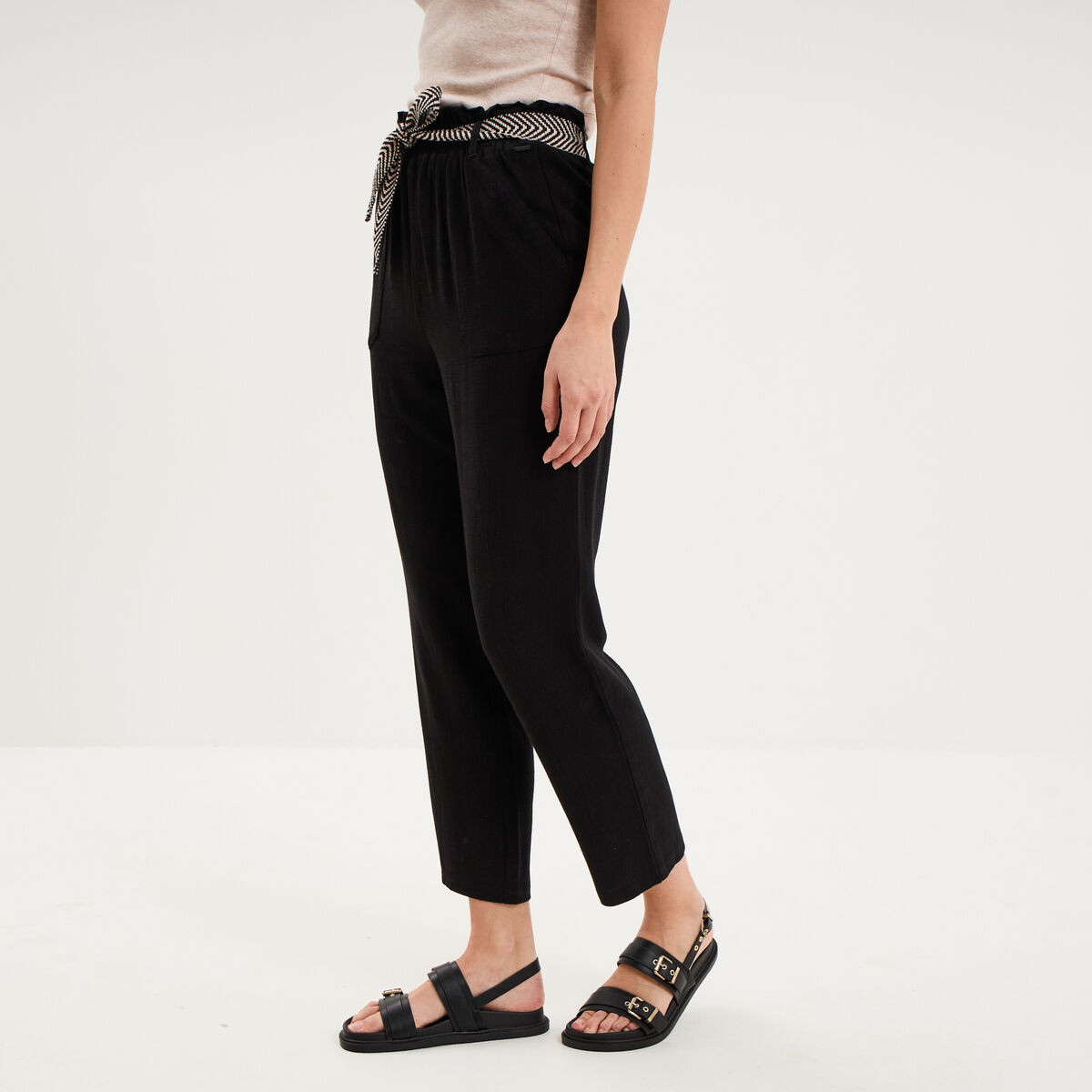 Pantalon paperbag &eacute;lastiqu&eacute; m&eacute;lange lin noir femme