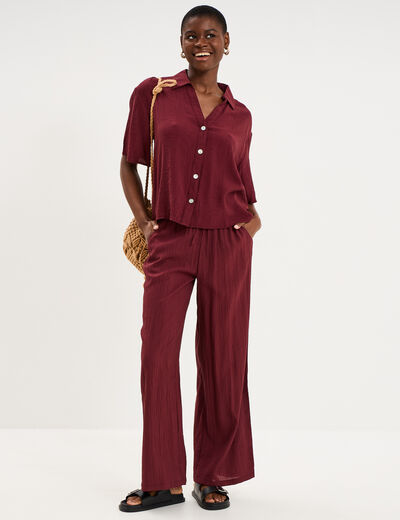 Pantalon large fluide taille &eacute;lastiqu&eacute;e bordeaux femme