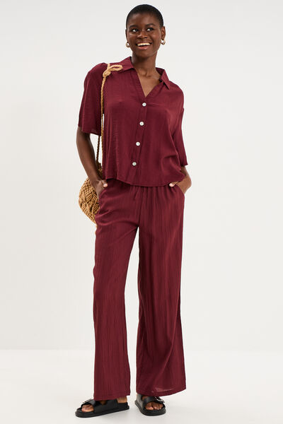 Pantalon large fluide taille &eacute;lastiqu&eacute;e bordeaux femme