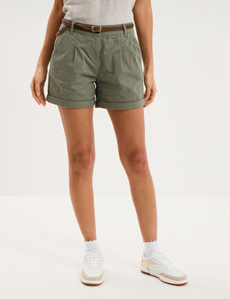 Short chino ceinture tress&eacute;e vert kaki femme