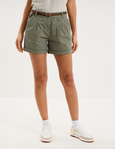 Short chino ceinture tress&eacute;e vert kaki femme