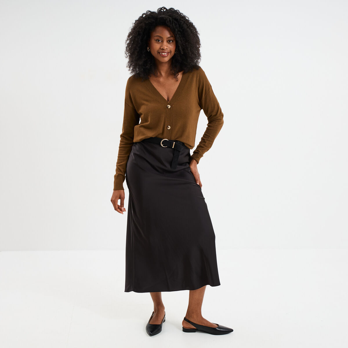 Gilet col en V boutonné taupe femme
