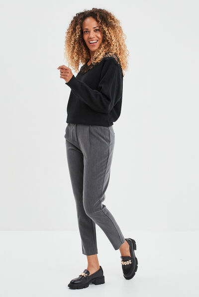 Pantalon carotte ceinturé 7/8ème gris foncé femme