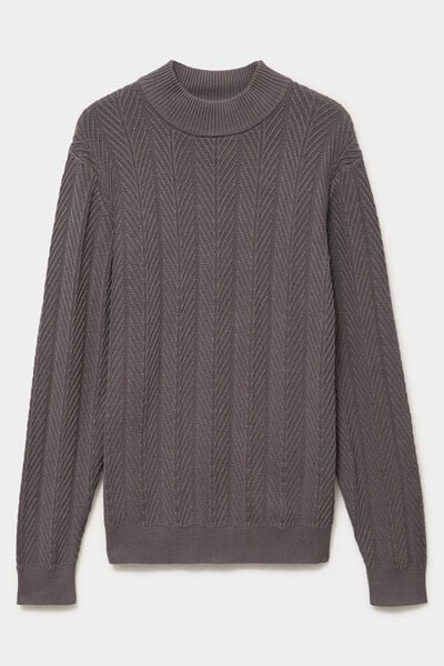 Pull col montant manches longues coton gris fonc&eacute; homme