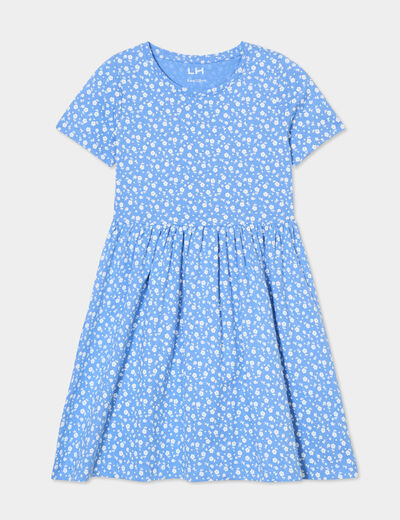 Robe manches courtes col rond coton bleu fille