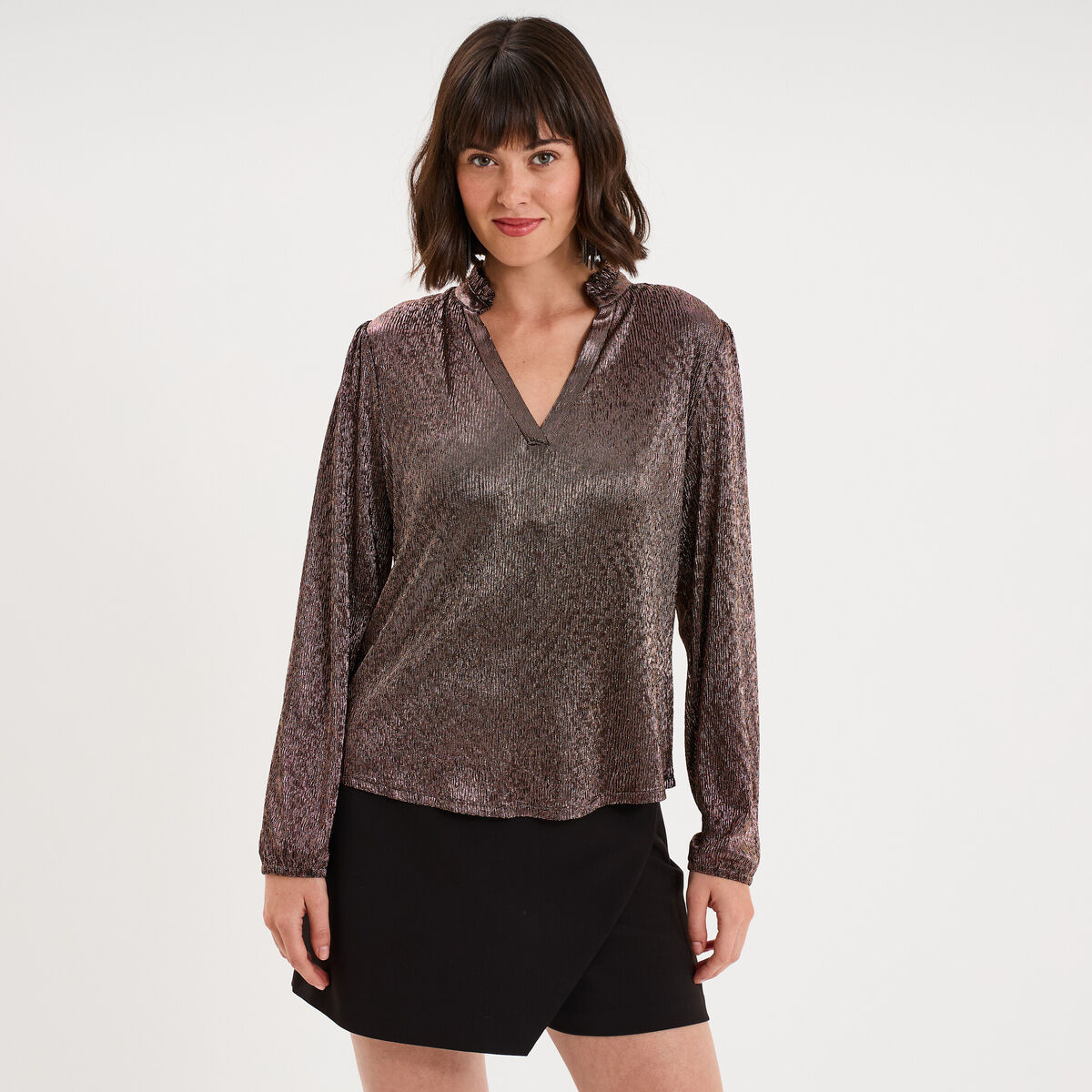Blouse manches longues col tunisien terracotta femme