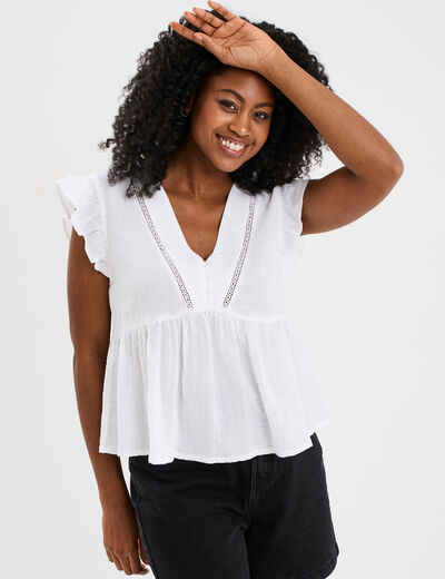 Blouse manches volants col en V coton blanc femme