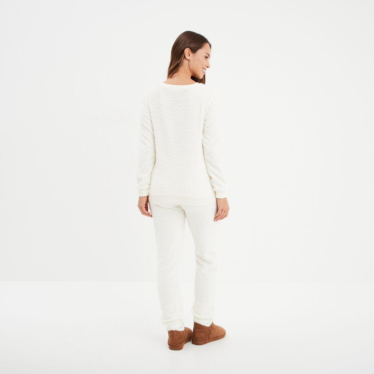 Ensemble pyjama effet polaire col rond blanc femme