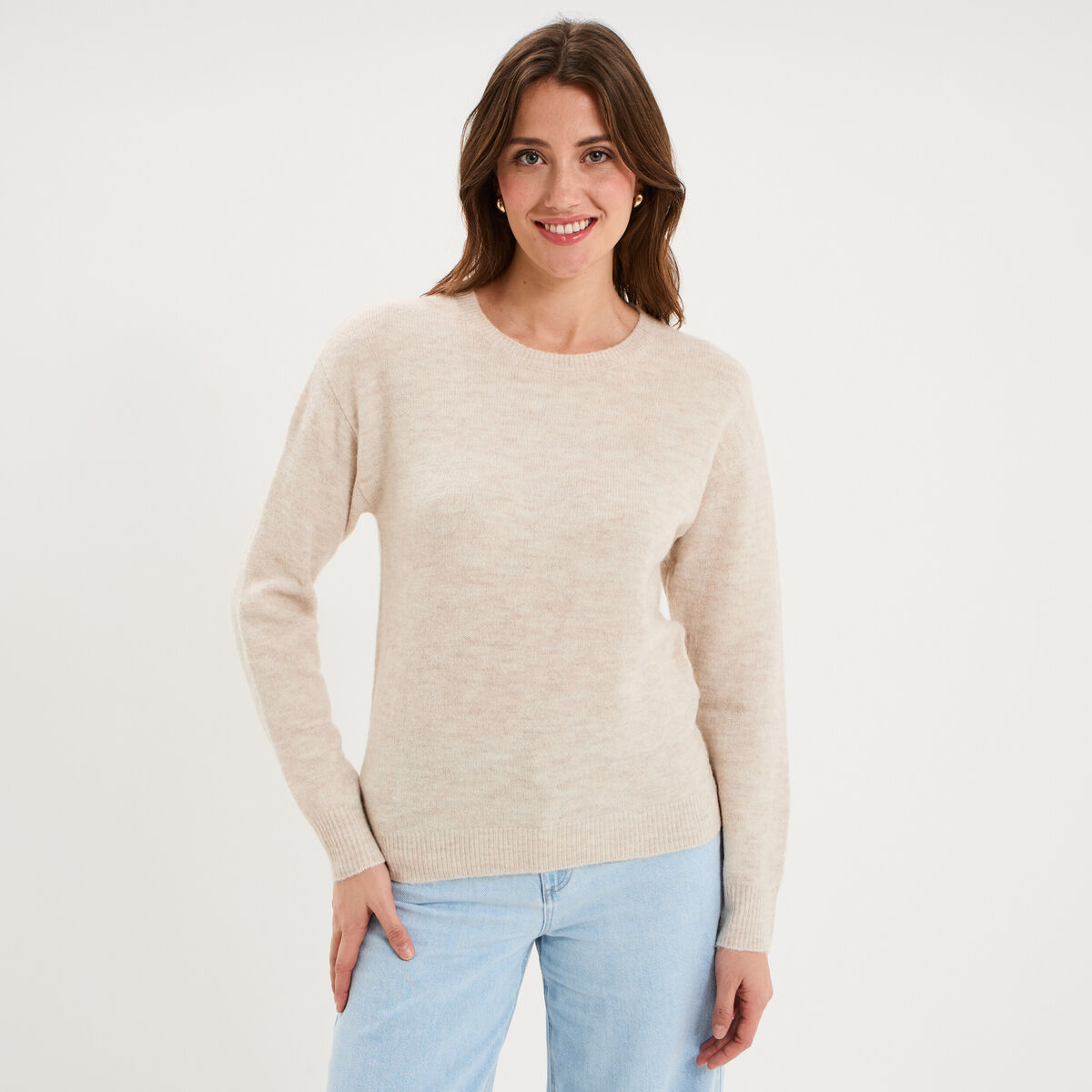 Pull col rond manches longues ecru femme
