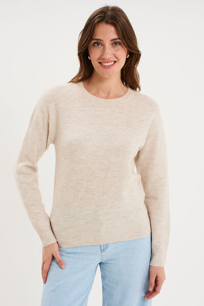 Pull col rond manches longues ecru femme