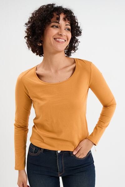 T-shirt coton col rond manches longues jaune moutarde femme