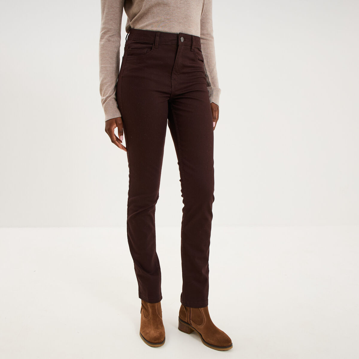 Pantalon slim stretch marron fonc&eacute; femme