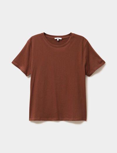 T-shirt col rond manches courtes coton marron fonc&eacute; femme