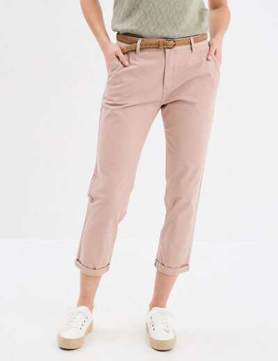 Pantalon chino 7/8ème ceinture tressée rose poudrée femme