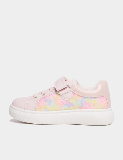 Tennis basses à scratchs et sequins rose fille