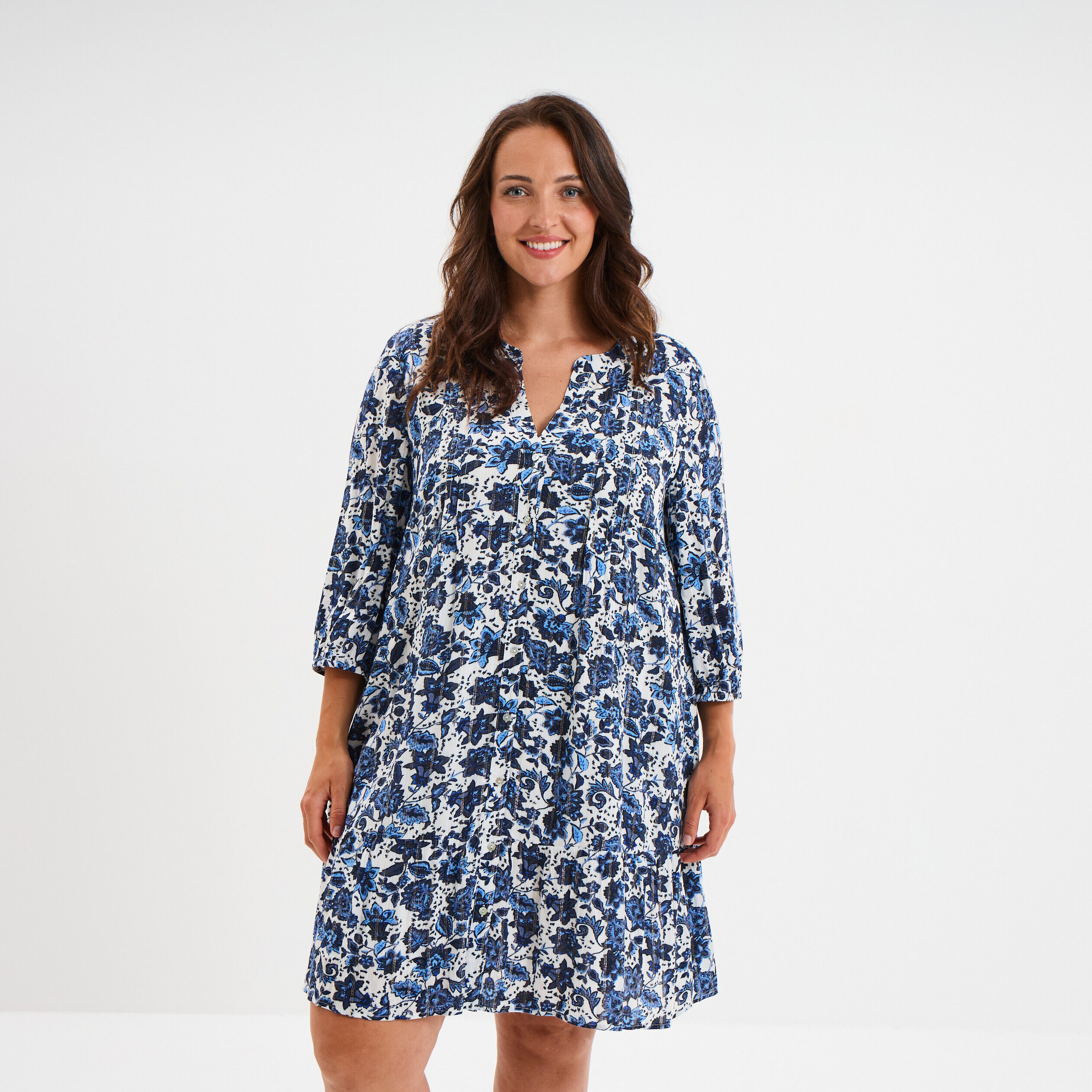 Robe évasée fluide manches longues col V blanc femme grande taille MODAVISTA