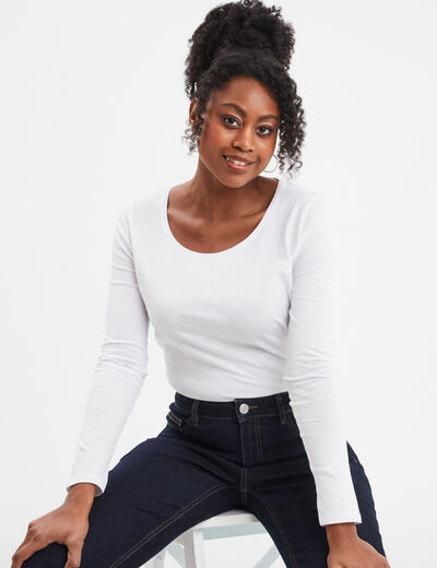 T-shirt coton col rond manches longues blanc femme