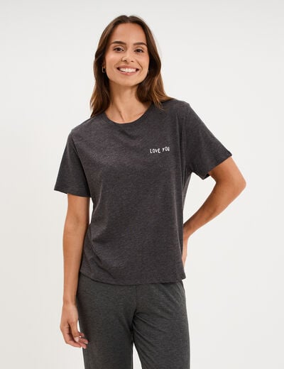 T-shirt col rond manches courtes coton gris fonc&eacute; femme