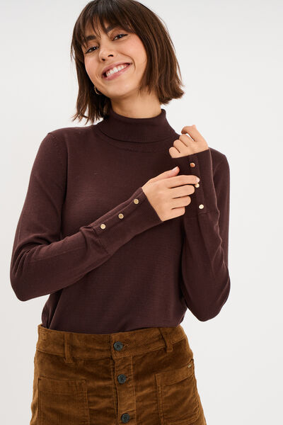 Pull col roul&eacute; avec boutons poignets marron fonc&eacute; femme