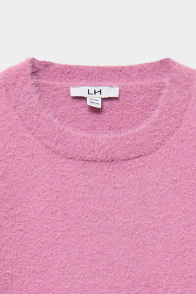Pull mailles duveteuses manches longues rose poudr&eacute;e fille