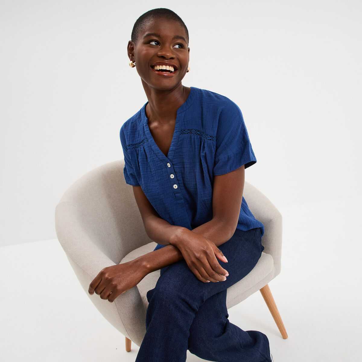Blouse Col tunisien gaze de coton bleu marine femme