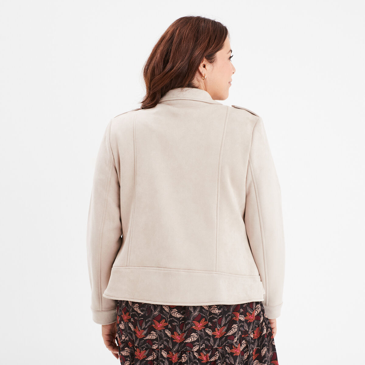 Blouson zippé effet suédine style biker beige femme grande taille