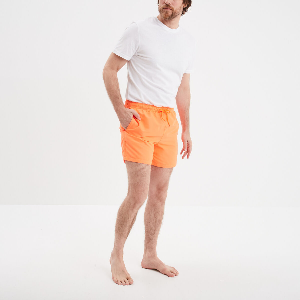 Short de bain droit taille &eacute;lastiqu&eacute;e orange corail homme