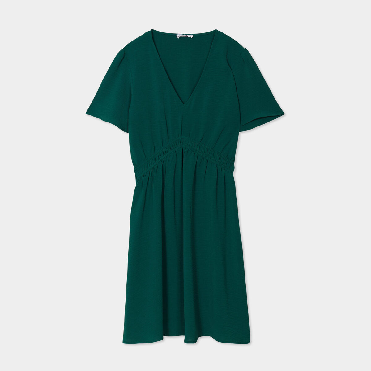 Robe évasée taille élastiquée col en V vert foncé femme