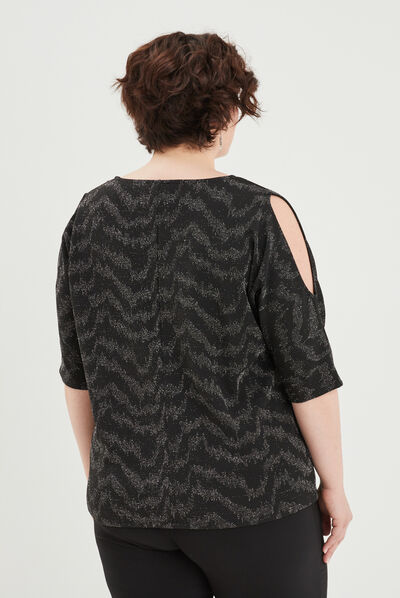 T-shirt fils métallisés et ouvertures noir femme grande taille