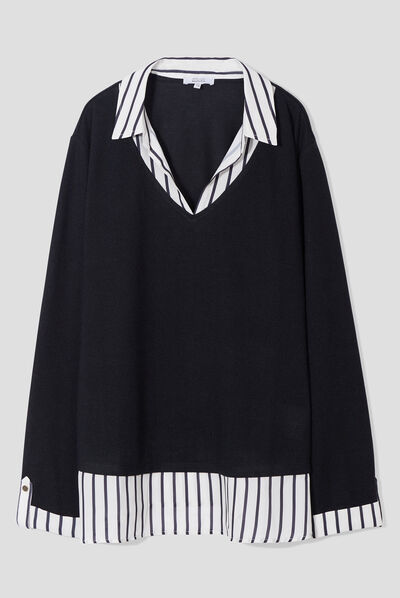 Pull effet 2-en-1 manches longues noir femme grande taille