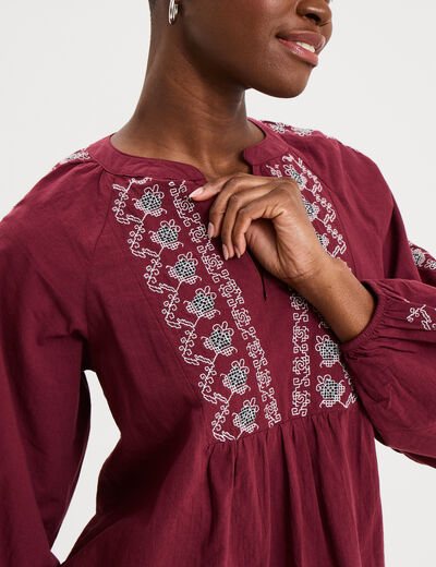 Blouse brod&eacute;e oversize coton bordeaux femme