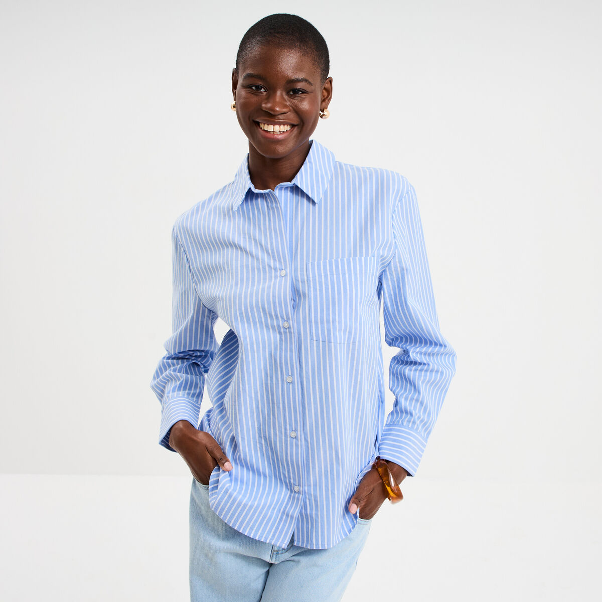 Chemise oversize 1 poche coton bleu femme