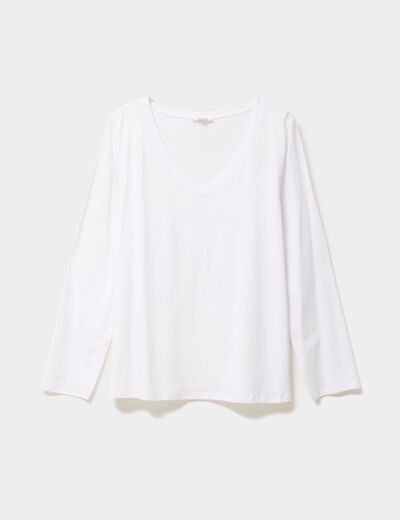 T-shirt col en V manches longues coton blanc femme grande taille