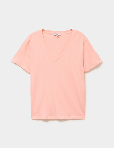 T-shirt manches courtes col en V coton rose poudr&eacute;e femme