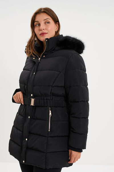 Doudoune mi-longue ceintur&eacute;e &agrave; capuche noir femme grande taille