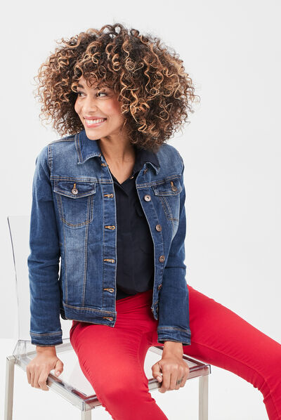 Veste droite en jean denim stone femme
